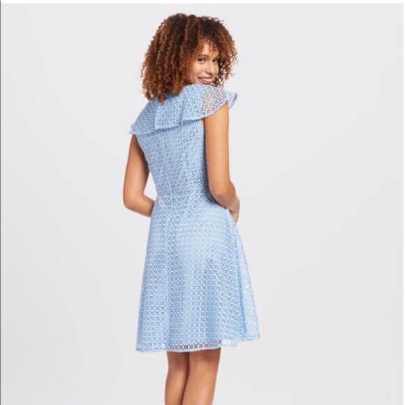 Draper James Dress Sz 8 Baby Blue Eyelet A-Line Knee Length Ruffle V-Neck Preppy - Picture 12 of 16